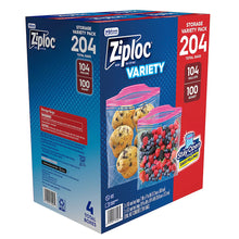 Ziploc storage bag variety pack box side with 204-count and 100-qt details.