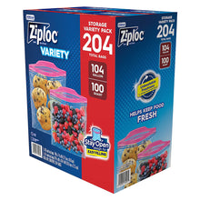 Ziploc storage bag variety pack box with printed 204-count and food photo bags.