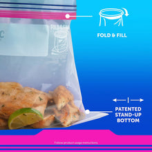 Clear stand-up Ziploc storage bag with zipper top; fold and fill graphic.