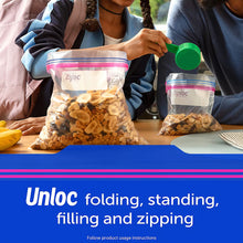 Ziploc storage bags on table with contents; fold, fill, stand, and zip graphic.