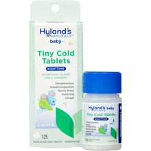 Hyland's Naturals baby Tiny Cold nighttime tablets box and small bottle
