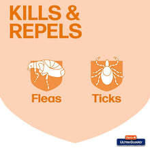 Flea and tick protection promotional graphic with dog shampoo icons and text