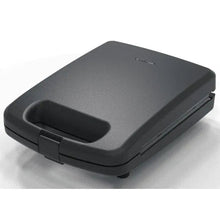 Black matte 4-slice waffle maker, closed lid with side handle