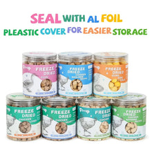 Assorted freeze-dried treat jars with foil seal and lids for storage