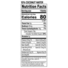 Nutrition Facts for sports drink bottle, 80 calories per bottle, 10% coconut water