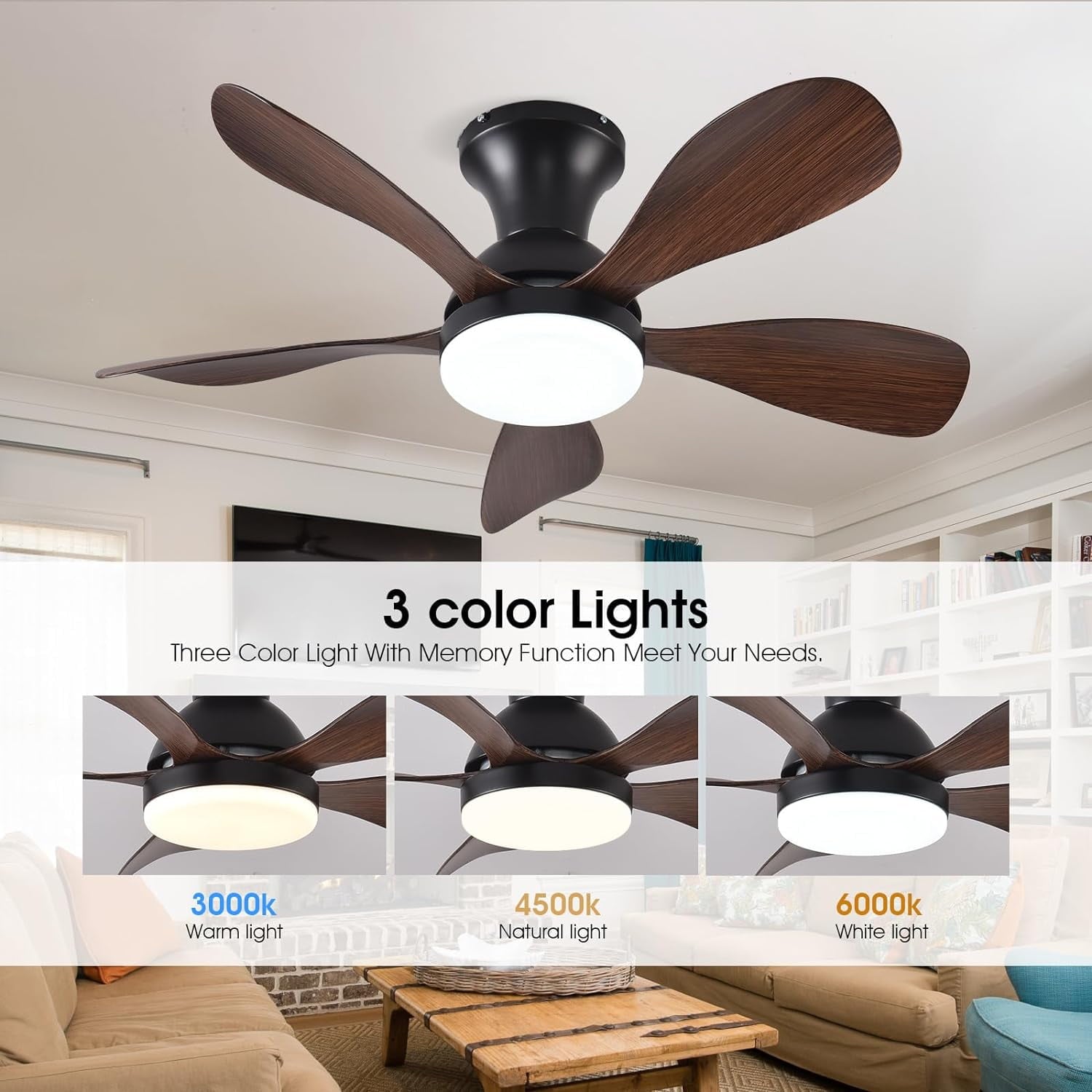 33In Low Profile Ceiling Fans with Lights and Remote/APP Control,Modern Flush Mount Ceiling Fan with 5 Reversible Blades for Outdoor Patio,Small Room,Bedroom(Black+Brown