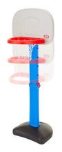 Kids basketball hoop with red double rims, blue pole, black base