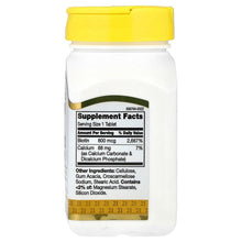 Biotin supplement bottle back label with Supplement Facts, 800 mcg, yellow cap