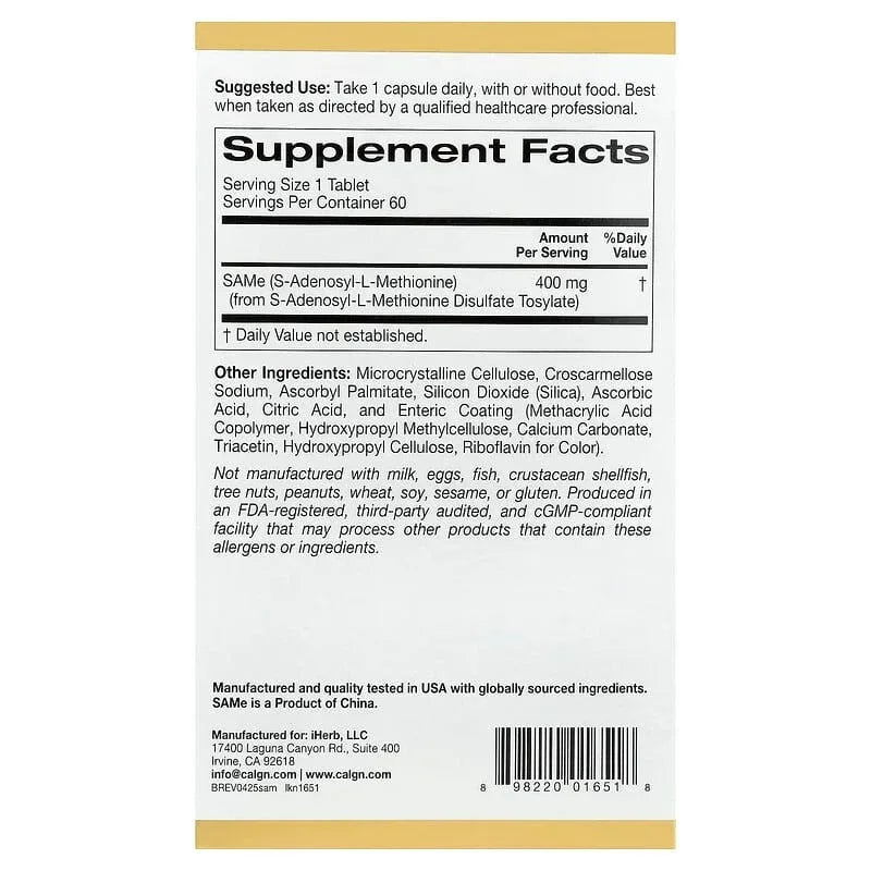 California Gold Nutrition, SAMe, Disulfate Tosylate, 400 mg, 60 Enteric Coated Tablets