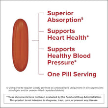 Softgel benefits panel with labeled arrows: superior absorption and heart health