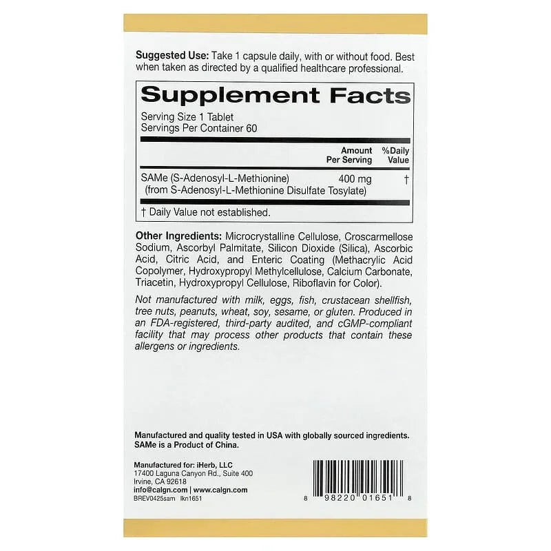 California Gold Nutrition, SAMe, Disulfate Tosylate, 400 mg, 60 Enteric Coated Tablets - USA MEGA SHOP