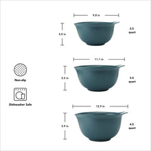 Teal nesting plastic mixing bowls set with non-slip bases and sizes