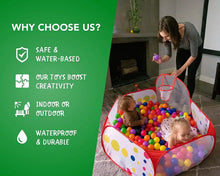 Ball pit tent with basketball hoop, polka-dot fabric sides, and colorful balls