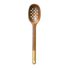 Wood kitchen slotted spoon with perforated oval bowl and loop handle