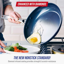 Blue Diamond blue nonstick frying pan with an egg being cracked onto the surface