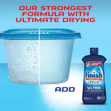 Dishwasher rinse aid bottle beside a tub with water droplets and an “ADD” indicator
