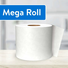Single toilet paper roll on counter with blue Mega Roll label banner.