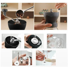 Manual coffee grinder in use with hands, coffee beans, and clear catch jar