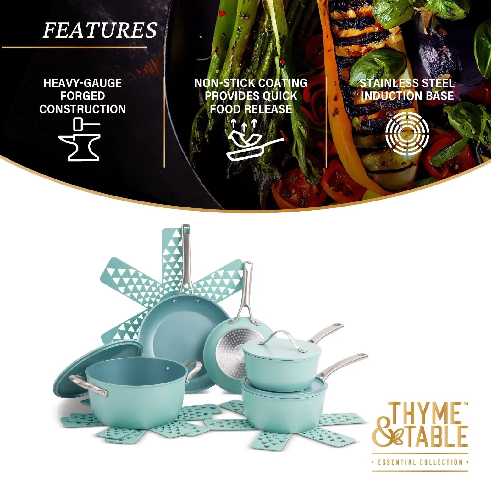 Thyme & Table 12 Piece Non-Stick Acadia Cookware Set, Pots and Pans Set - Blue - USA MEGA SHOP