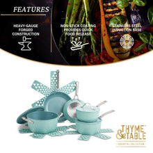 Blue 12-piece cookware set with matching pot lids and handles