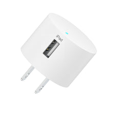 White foldable USB-A wall charger with two plug prongs and charging port.