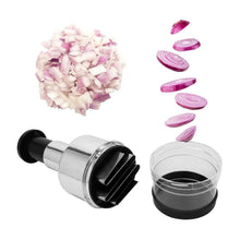 Manual chopper with purple onion slicing pieces and stainless press attachment