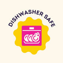 Dishwasher-safe symbol badge with pink wash icon on yellow circle background.