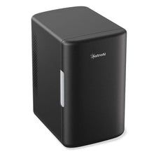 Black compact mini fridge with single door and side ventilation, AstroAI logo