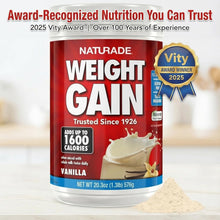 Naturade Weight Gain vanilla canister with award badge and vanilla powder