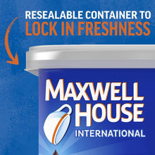Maxwell House decaf instant coffee mix canister, blue resealable container with logo