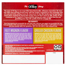 Dog food carton back with Ol' Roy story and flavor ingredient panels