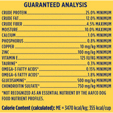 Dog food guaranteed analysis chart with protein, fat, fiber, moisture and calories