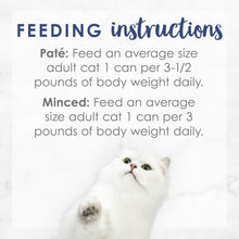 Feeding instructions card for canned cat food with paté and minced amounts
