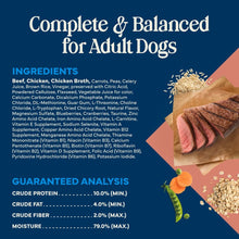 Refrigerated dog food label with beef stew ingredients and guaranteed analysis panel