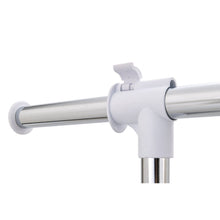 Adjustable top bar connector with white sleeve and curved end caps on garment rack