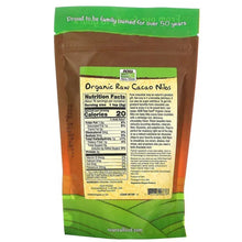 Organic raw cacao nibs pouch back panel with nutrition facts and ingredients.