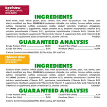 Ingredients and guaranteed analysis label for beef stew and chicken stew dog food