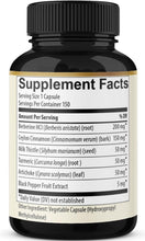 Berberine supplement facts panel on back of dark dietary supplement bottle