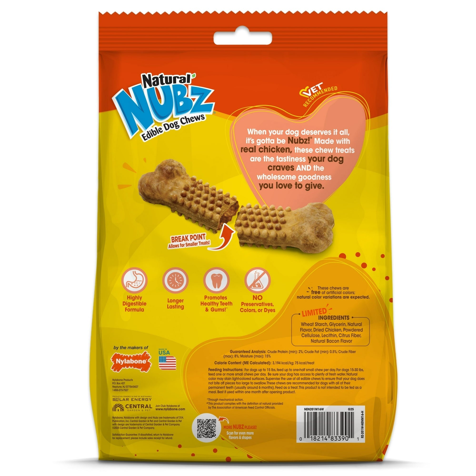 Nylabone Natural Nubz Edible Dog Dry Chew Treat, Chicken Flavor, Small