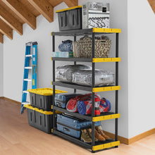 5-tier modular shelf with black storage bins and yellow shelf rails