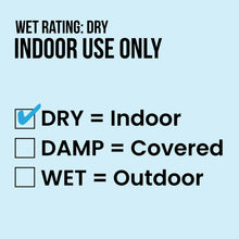 Ceiling fan wet rating label: indoor use only, dry indoor use indicated