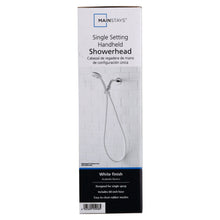Single setting handheld showerhead retail box with white showerhead and hose illustration