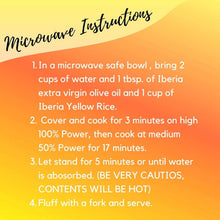 Microwave instructions panel for yellow rice, numbered cooking steps