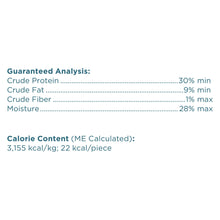 Dog treat nutrition label showing crude protein, fat, fiber, and moisture percentages
