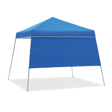 Blue instant canopy tent with metal legs and side wall panels, peaked roof