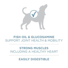Dry dog food joint health benefits icons: fish oil, glucosamine, strong muscles