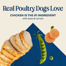 Chicken dog food with peas and carrots, sliced roll on tray