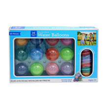 Reusable water balloons 20-pack box with window showing multicolor balloons and mesh storage bag