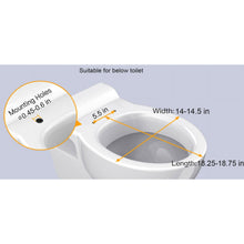 Elongated toilet seat showing fit measurements and mounting hole spacing