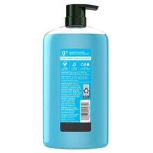 Blue shampoo bottle with pump and back label panel